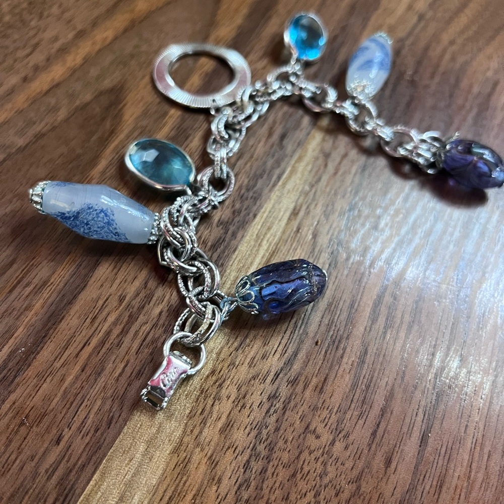 Vintage Coro Chic Silver Bracelet with Blue and Purple Charms